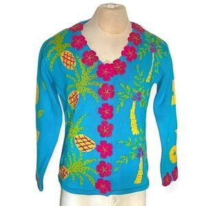 NWT Vintage Y2K Storybook Knits Turquoise Hawaiian Tropical Cardigan Sweater S